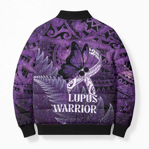 Lupus Awareness Month New Zealand Bomber Puffer Jacket Be Strong Warrior Maori Silver Fern