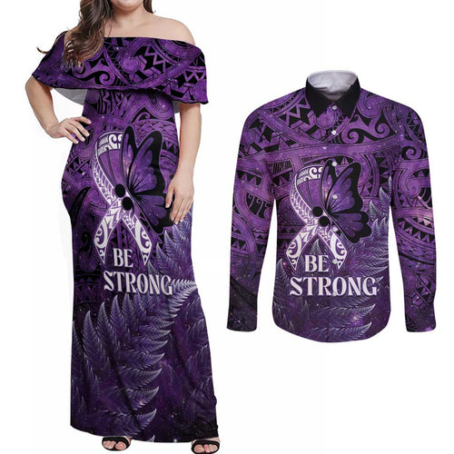 Lupus Awareness Month New Zealand Couples Matching Off Shoulder Maxi Dress and Long Sleeve Button Shirt Be Strong Warrior Maori Silver Fern