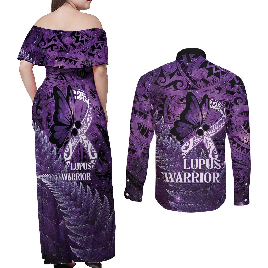 Lupus Awareness Month New Zealand Couples Matching Off Shoulder Maxi Dress and Long Sleeve Button Shirt Be Strong Warrior Maori Silver Fern