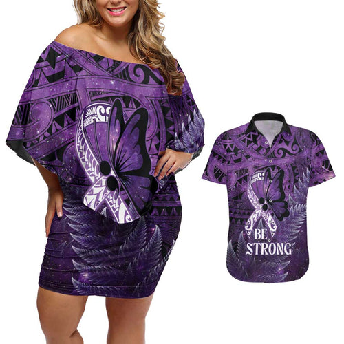 Lupus Awareness Month New Zealand Couples Matching Off Shoulder Short Dress and Hawaiian Shirt Be Strong Warrior Maori Silver Fern