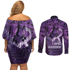 Lupus Awareness Month New Zealand Couples Matching Off Shoulder Short Dress and Long Sleeve Button Shirt Be Strong Warrior Maori Silver Fern