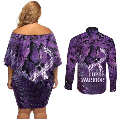 Lupus Awareness Month New Zealand Couples Matching Off Shoulder Short Dress and Long Sleeve Button Shirt Be Strong Warrior Maori Silver Fern