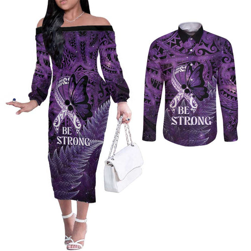 Lupus Awareness Month New Zealand Couples Matching Off The Shoulder Long Sleeve Dress and Long Sleeve Button Shirt Be Strong Warrior Maori Silver Fern