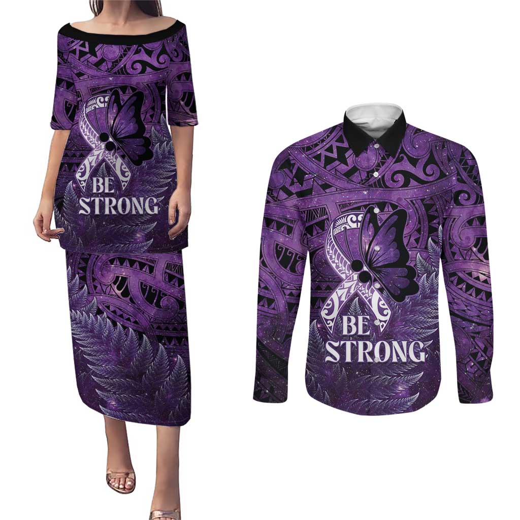 Lupus Awareness Month New Zealand Couples Matching Puletasi and Long Sleeve Button Shirt Be Strong Warrior Maori Silver Fern