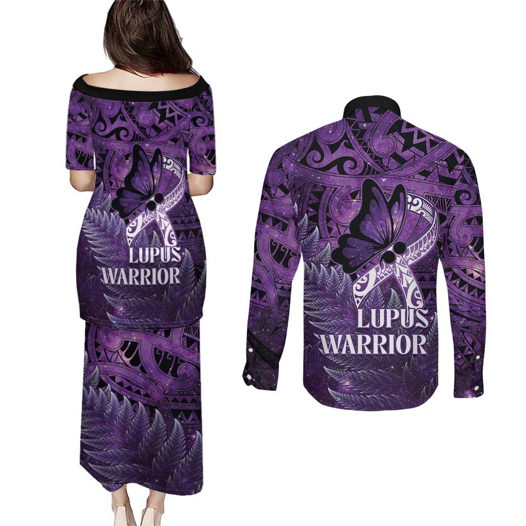 Lupus Awareness Month New Zealand Couples Matching Puletasi and Long Sleeve Button Shirt Be Strong Warrior Maori Silver Fern