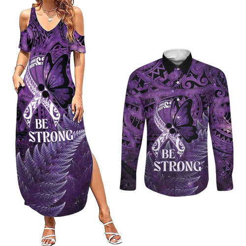 Lupus Awareness Month New Zealand Couples Matching Summer Maxi Dress and Long Sleeve Button Shirt Be Strong Warrior Maori Silver Fern