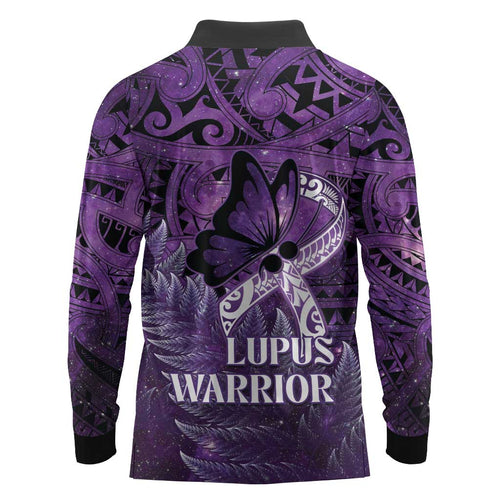 Lupus Awareness Month New Zealand Long Sleeve Polo Shirt Be Strong Warrior Maori Silver Fern