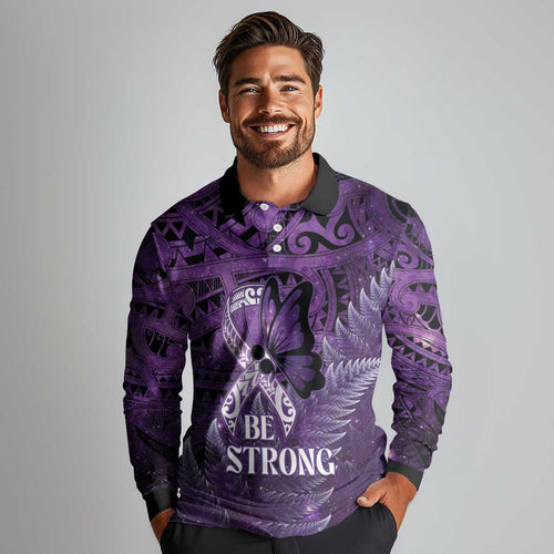 Lupus Awareness Month New Zealand Long Sleeve Polo Shirt Be Strong Warrior Maori Silver Fern