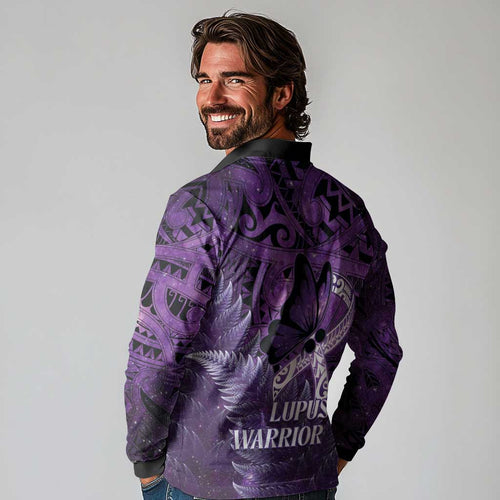Lupus Awareness Month New Zealand Long Sleeve Polo Shirt Be Strong Warrior Maori Silver Fern