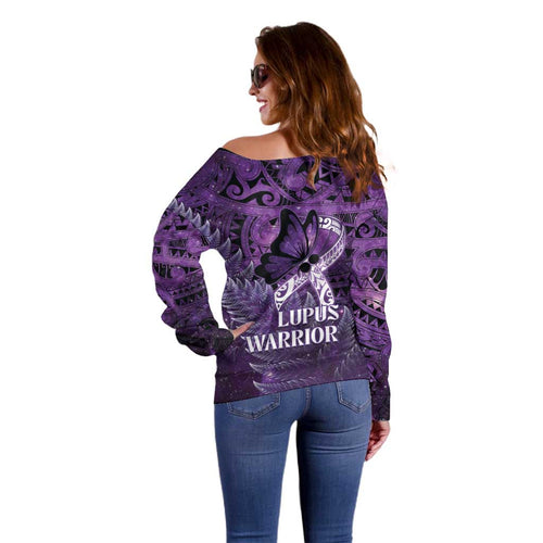 Lupus Awareness Month New Zealand Off Shoulder Sweater Be Strong Warrior Maori Silver Fern