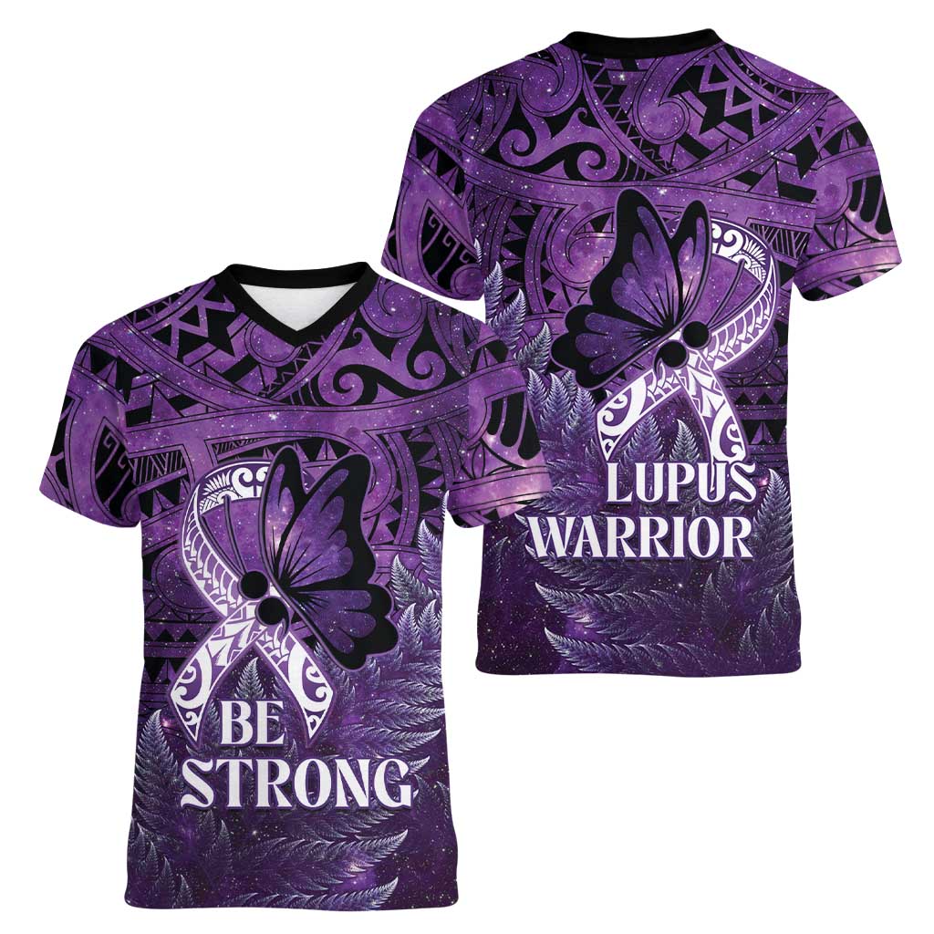 Lupus Awareness Month New Zealand Women V-Neck T-Shirt Be Strong Warrior Maori Silver Fern