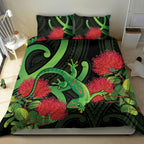 New Zealand Gecko Bedding Set Aotearoa Maori With Pohutukawa Flowers