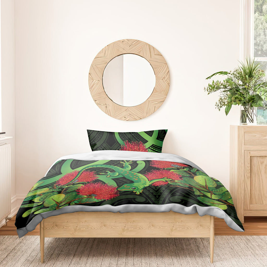 New Zealand Gecko Bedding Set Aotearoa Maori With Pohutukawa Flowers