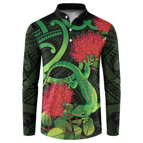 New Zealand Gecko Button Sweatshirt Aotearoa Maori With Pohutukawa Flowers