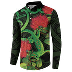 New Zealand Gecko Button Sweatshirt Aotearoa Maori With Pohutukawa Flowers