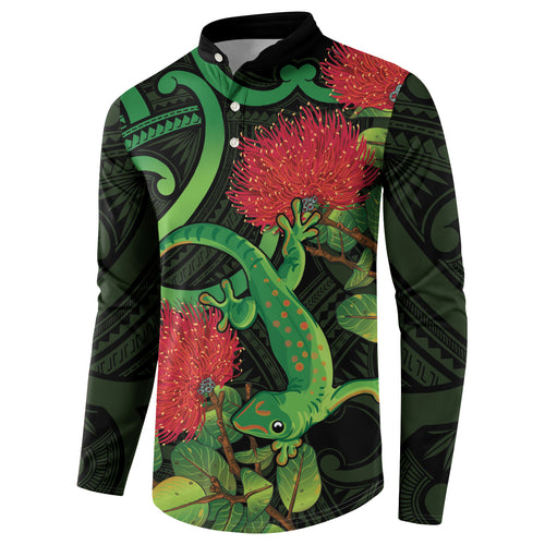 New Zealand Gecko Button Sweatshirt Aotearoa Maori With Pohutukawa Flowers
