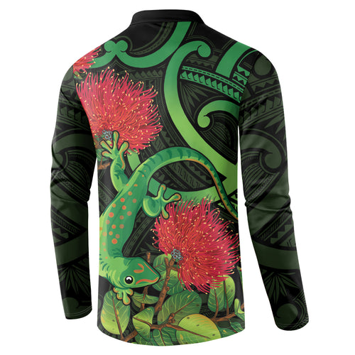 New Zealand Gecko Button Sweatshirt Aotearoa Maori With Pohutukawa Flowers