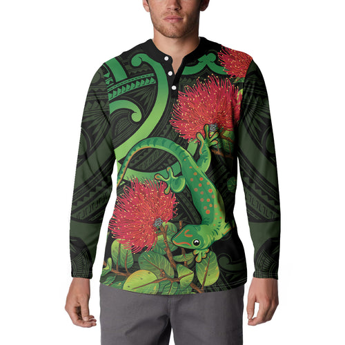New Zealand Gecko Button Sweatshirt Aotearoa Maori With Pohutukawa Flowers
