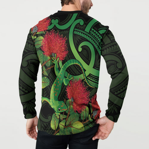 New Zealand Gecko Button Sweatshirt Aotearoa Maori With Pohutukawa Flowers