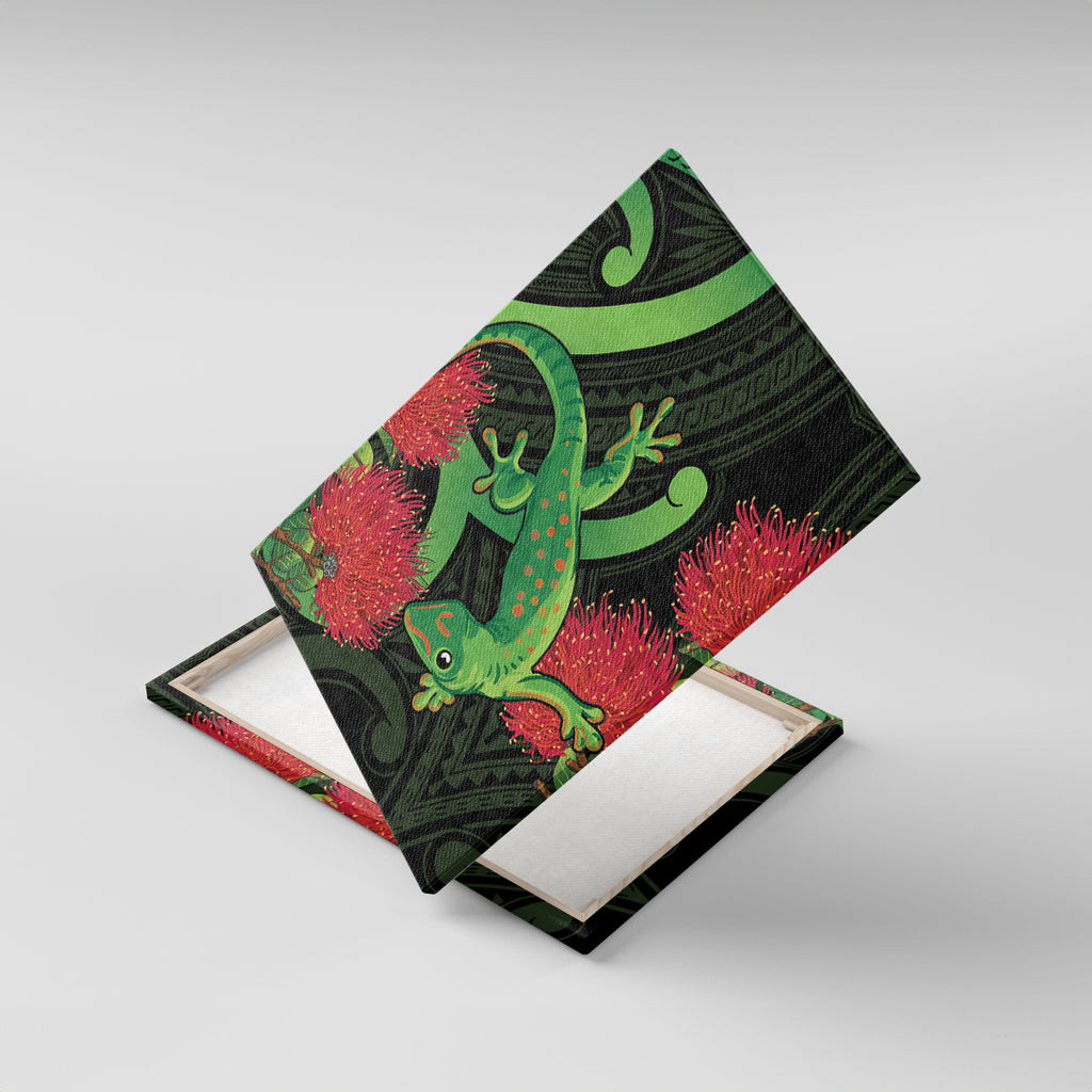 New Zealand Gecko Canvas Wall Art Aotearoa Maori With Pohutukawa Flowers