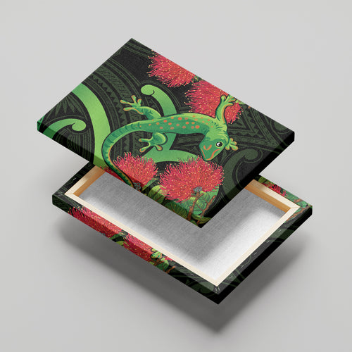 New Zealand Gecko Canvas Wall Art Aotearoa Maori With Pohutukawa Flowers