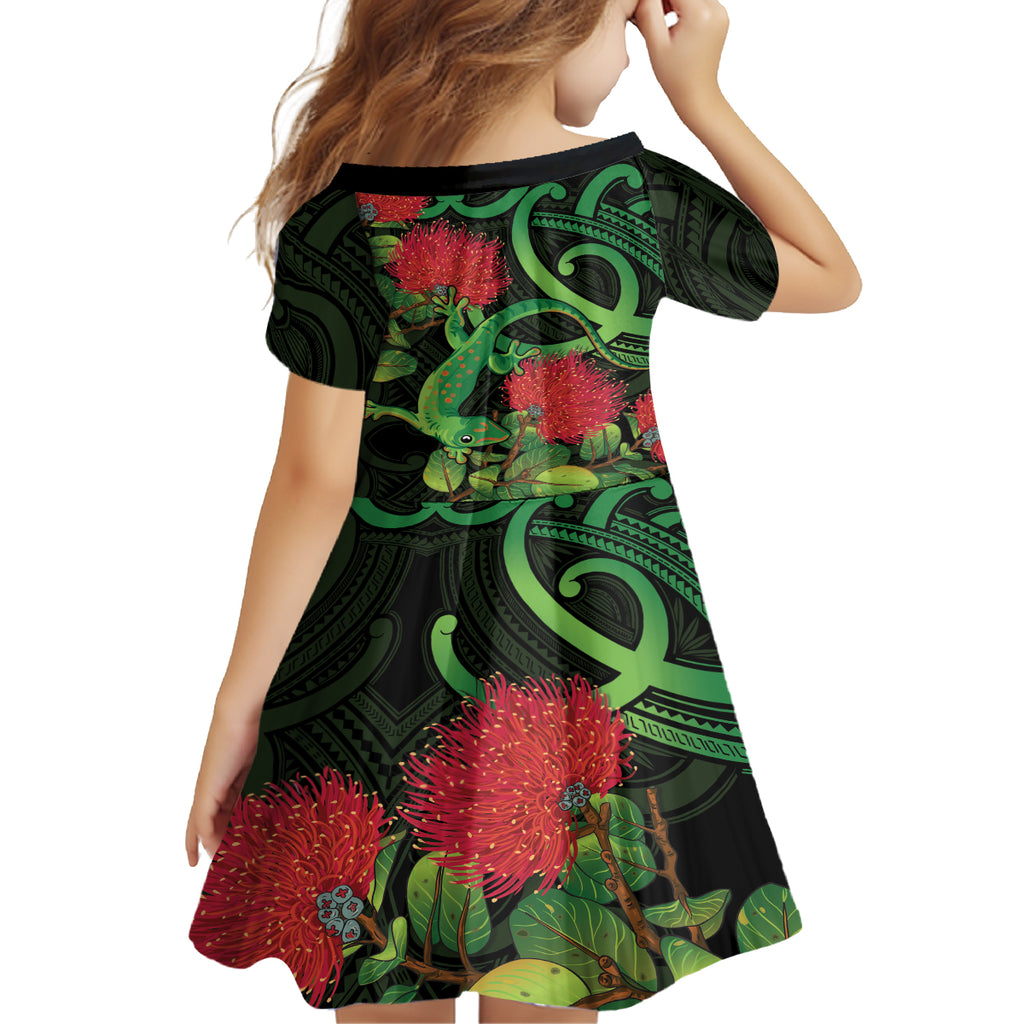 New Zealand Gecko Kid Short Sleeve Dress Aotearoa Maori With Pohutukawa Flowers