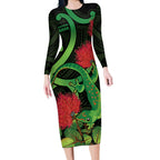 New Zealand Gecko Long Sleeve Bodycon Dress Aotearoa Maori With Pohutukawa Flowers