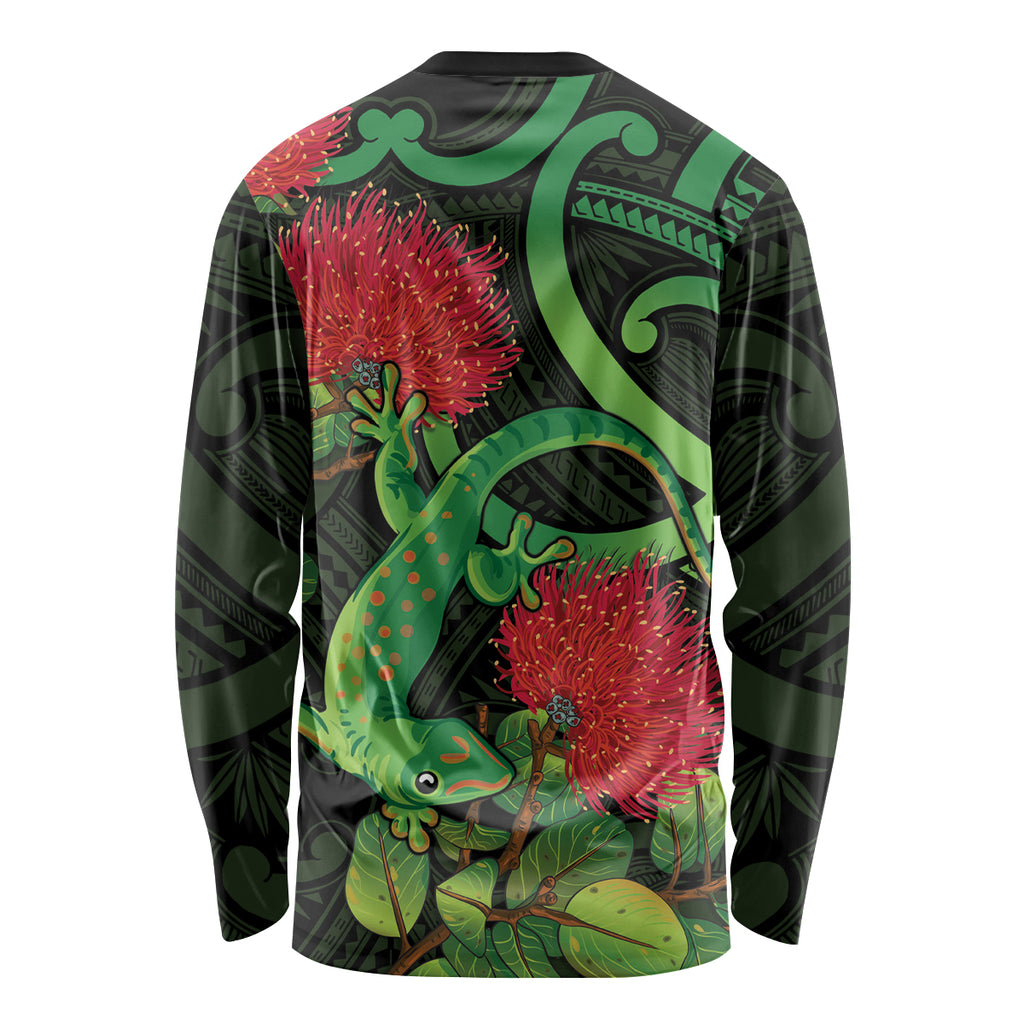 New Zealand Gecko Long Sleeve Shirt Aotearoa Maori With Pohutukawa Flowers