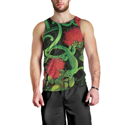 New Zealand Gecko Men Tank Top Aotearoa Maori With Pohutukawa Flowers