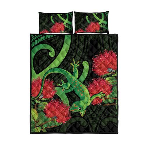 New Zealand Gecko Quilt Bed Set Aotearoa Maori With Pohutukawa Flowers