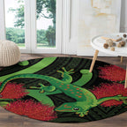 New Zealand Gecko Round Carpet Aotearoa Maori With Pohutukawa Flowers