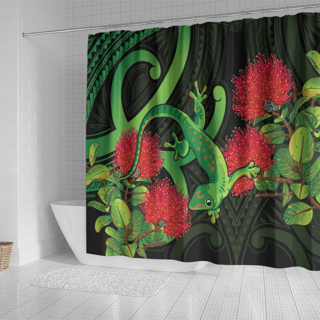 New Zealand Gecko Shower Curtain Aotearoa Maori With Pohutukawa Flowers