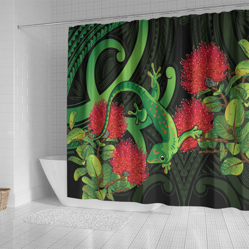 New Zealand Gecko Shower Curtain Aotearoa Maori With Pohutukawa Flowers