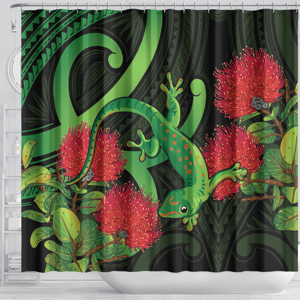 New Zealand Gecko Shower Curtain Aotearoa Maori With Pohutukawa Flowers