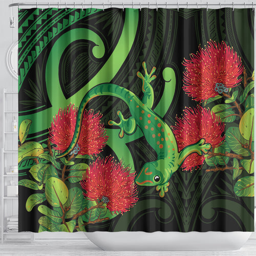 New Zealand Gecko Shower Curtain Aotearoa Maori With Pohutukawa Flowers