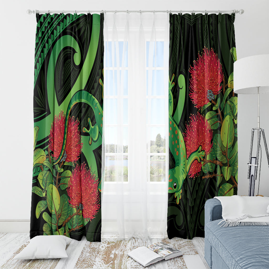 New Zealand Gecko Window Curtain Aotearoa Maori With Pohutukawa Flowers