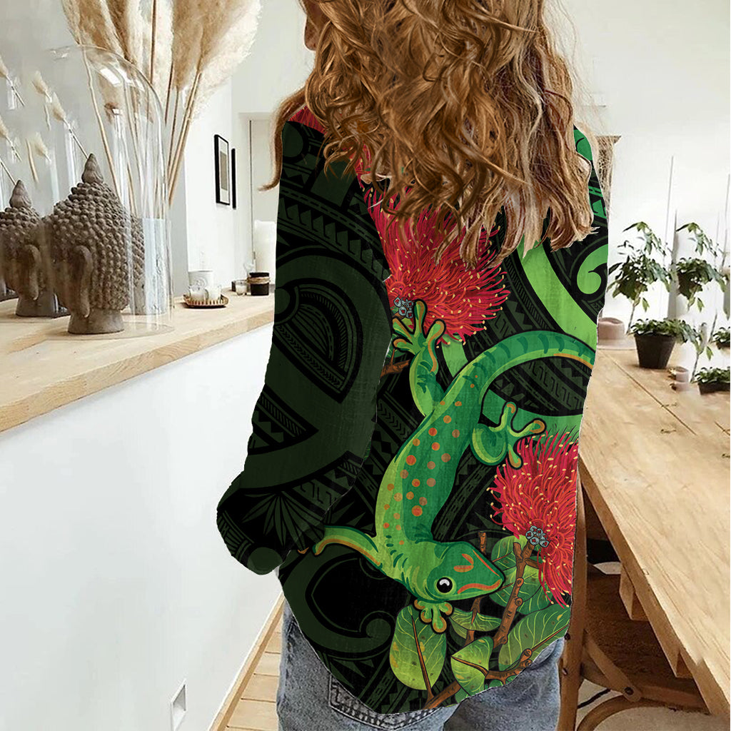 New Zealand Gecko Women Casual Shirt Aotearoa Maori With Pohutukawa Flowers