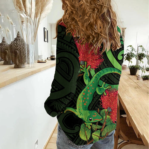 New Zealand Gecko Women Casual Shirt Aotearoa Maori With Pohutukawa Flowers