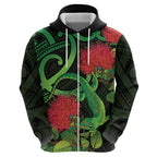 New Zealand Gecko Zip Hoodie Aotearoa Maori With Pohutukawa Flowers