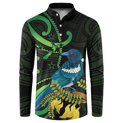 New Zealand Tui Bird Button Sweatshirt Aotearoa Maori With Kowhai Flowers