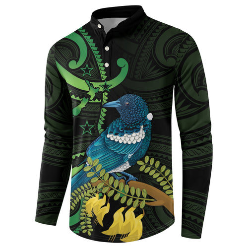 New Zealand Tui Bird Button Sweatshirt Aotearoa Maori With Kowhai Flowers