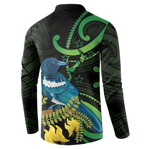 New Zealand Tui Bird Button Sweatshirt Aotearoa Maori With Kowhai Flowers