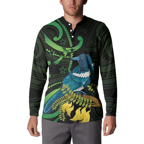 New Zealand Tui Bird Button Sweatshirt Aotearoa Maori With Kowhai Flowers