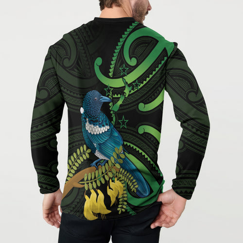 New Zealand Tui Bird Button Sweatshirt Aotearoa Maori With Kowhai Flowers
