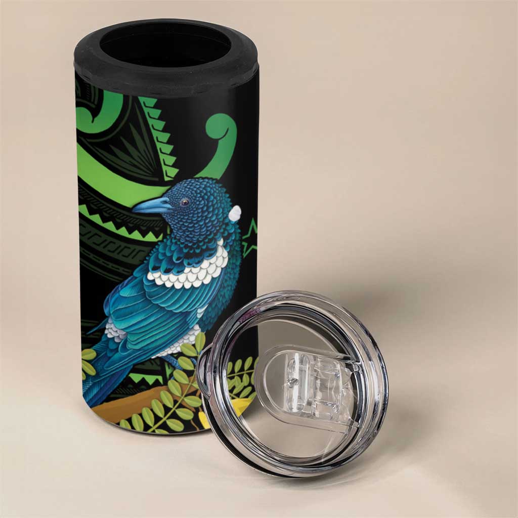 New Zealand Tui Bird 4 in 1 Can Cooler Tumbler Aotearoa Maori With Kowhai Flowers