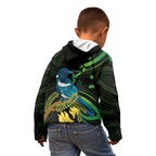 New Zealand Tui Bird Kid Hoodie Aotearoa Maori With Kowhai Flowers