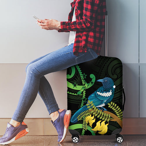 New Zealand Tui Bird Luggage Cover Aotearoa Maori With Kowhai Flowers