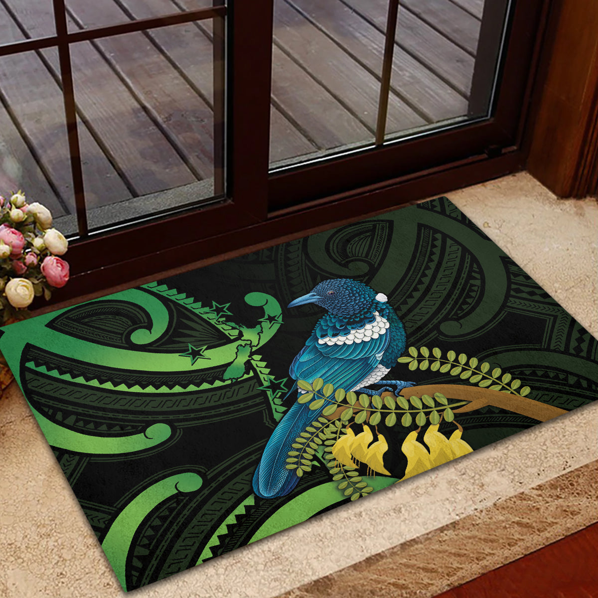 New Zealand Tui Bird Rubber Doormat Aotearoa Maori With Kowhai Flowers