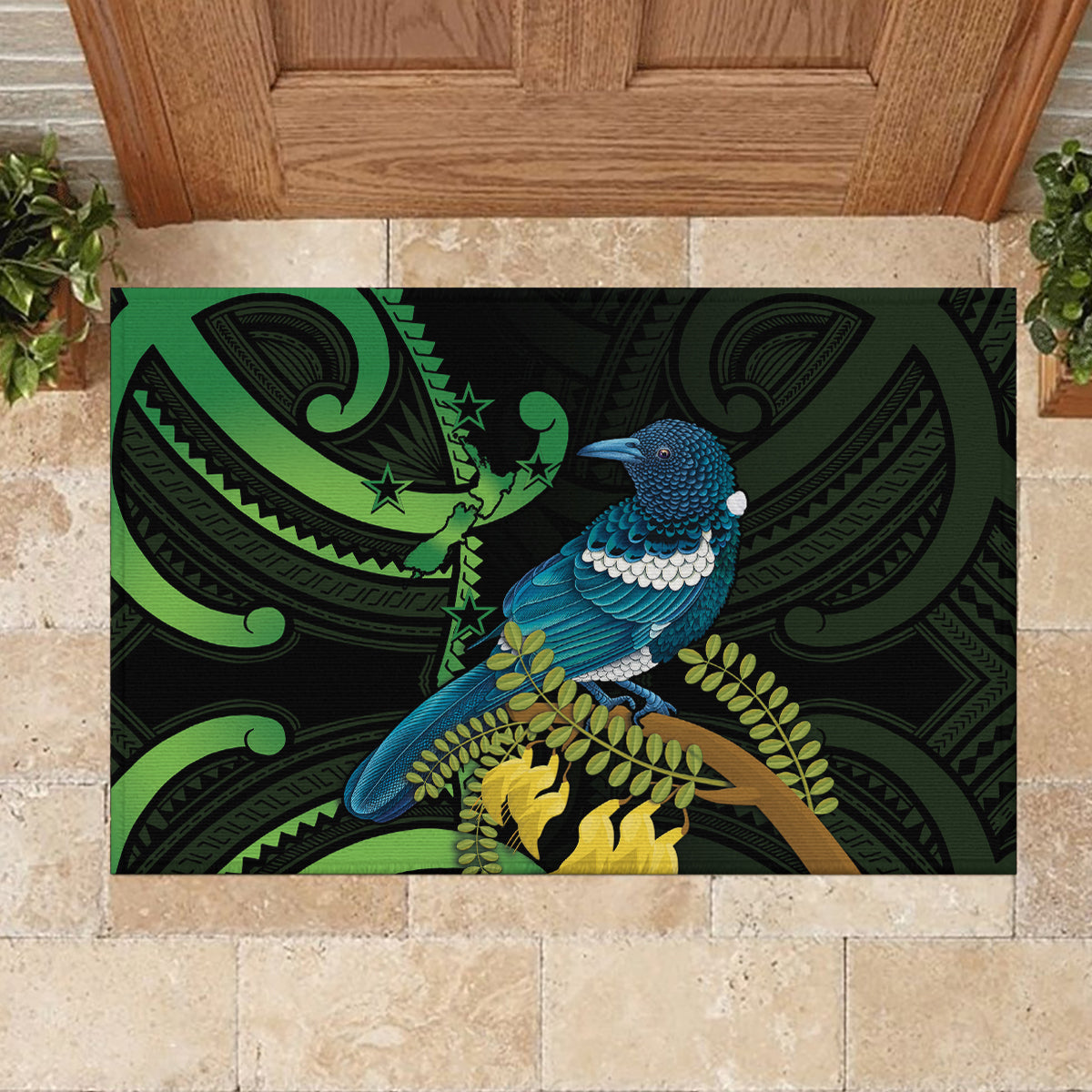 New Zealand Tui Bird Rubber Doormat Aotearoa Maori With Kowhai Flowers