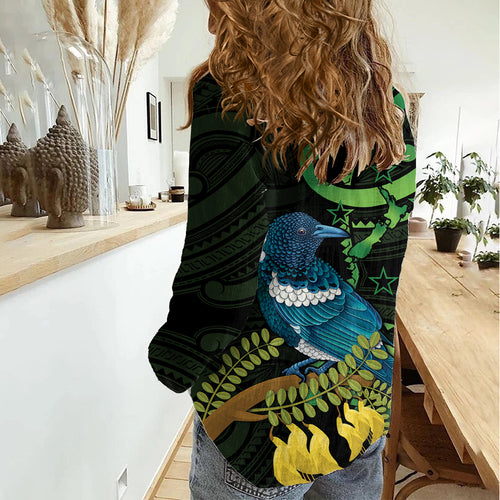 New Zealand Tui Bird Women Casual Shirt Aotearoa Maori With Kowhai Flowers